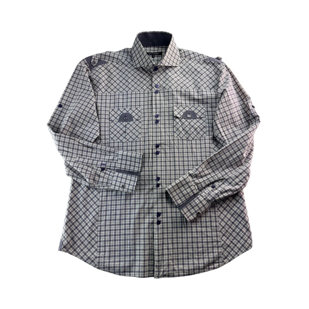 BOGOSSE Mens Plaid‎ Button Down Long Sleeve Shirt Purple Blue Size 5 US XL